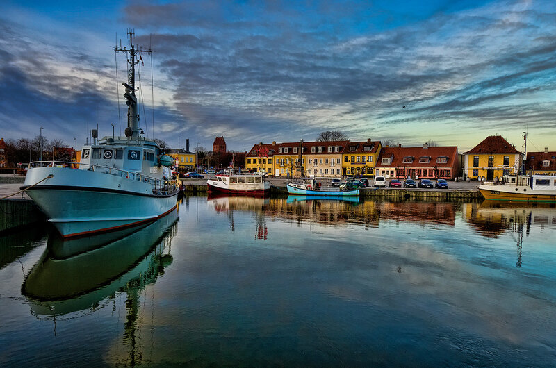 Fishing Boats in Harbor — Blue, Serene, Sunset, Photograph