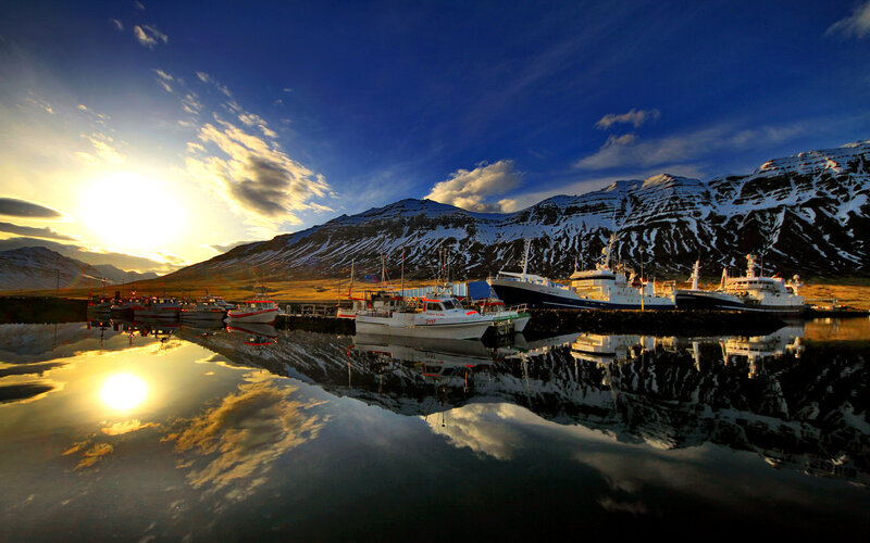 Fishing Boats in Harbor — Blue, Serene, Sunset