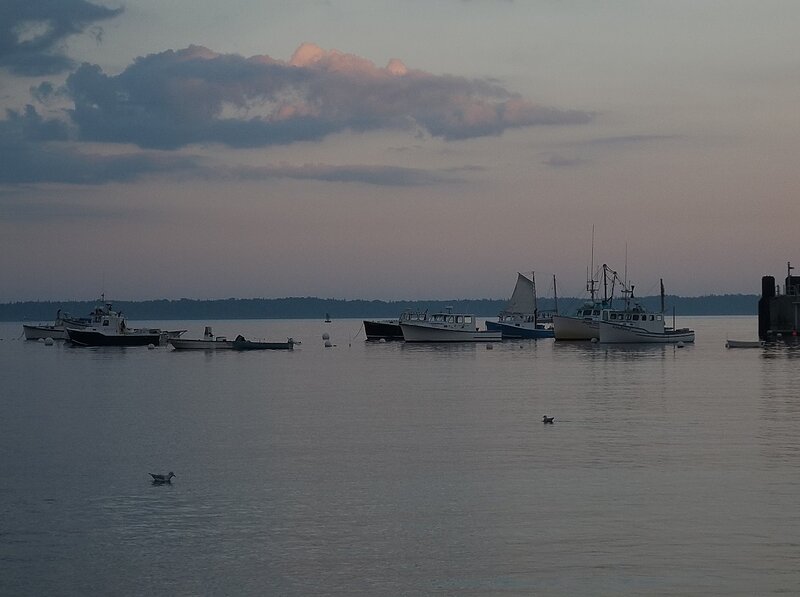 Fishing Boats in Harbor — Gray, Calm, Sunset