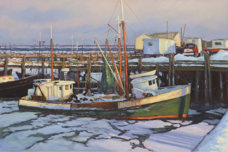 Fishing Boats in Harbor — Green, Cold