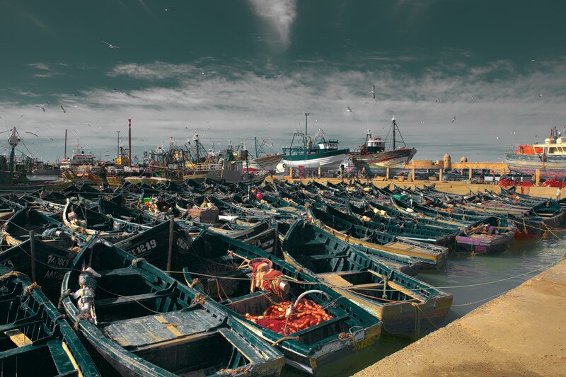 Fishing Boats in Harbor — Green, Dramatic