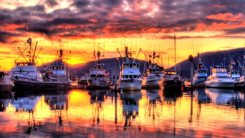 Fishing Boats in Harbor — Orange, Dramatic, Sunset, Photograph