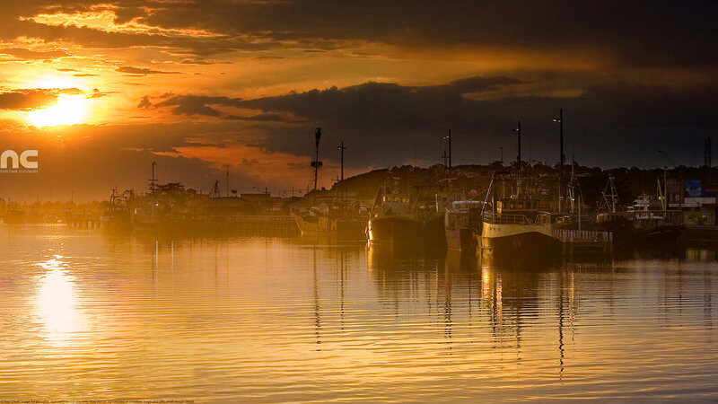 Fishing Boats in Harbor — Orange, Dramatic, Sunset, Photograph, Water