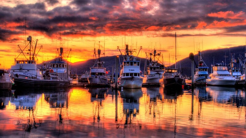 Fishing Boats in Harbor — Orange, Dramatic