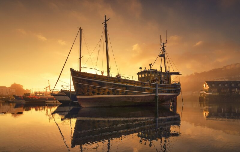 Fishing Boats in Harbor — Orange, Serene, Sunset, Photograph
