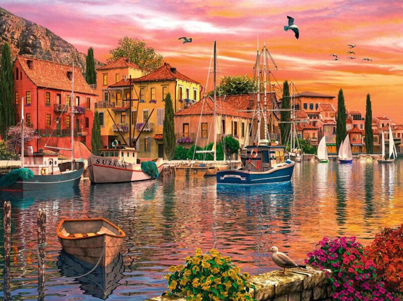 Fishing Boats in Harbor — Orange, Serene, Sunset