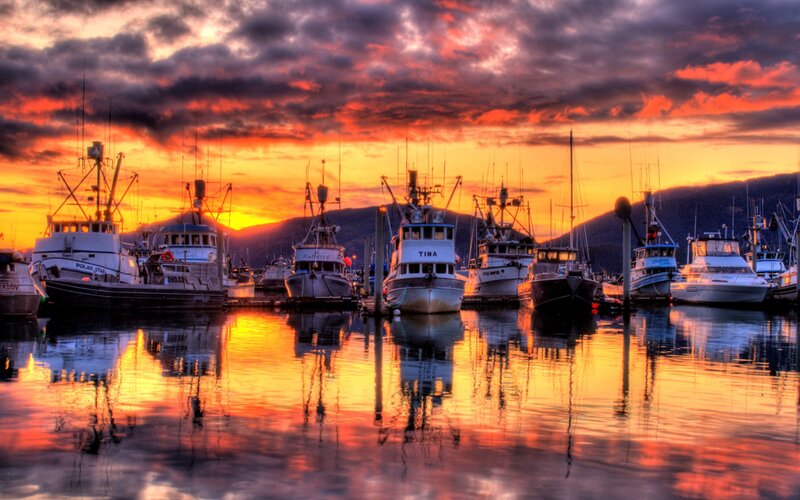 Fishing Boats in Harbor — Orange