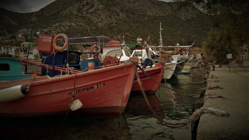 Fishing Boats in Harbor — Red, Dramatic