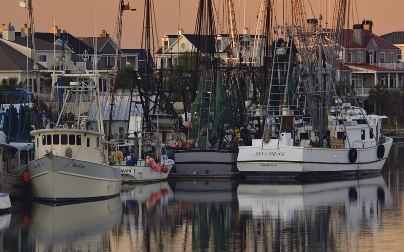 Fishing Boats in Harbor — White, Serene, Sunset