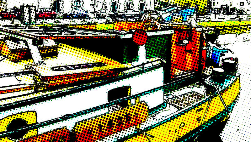Fishing Boats in Harbor — Yellow, Busy