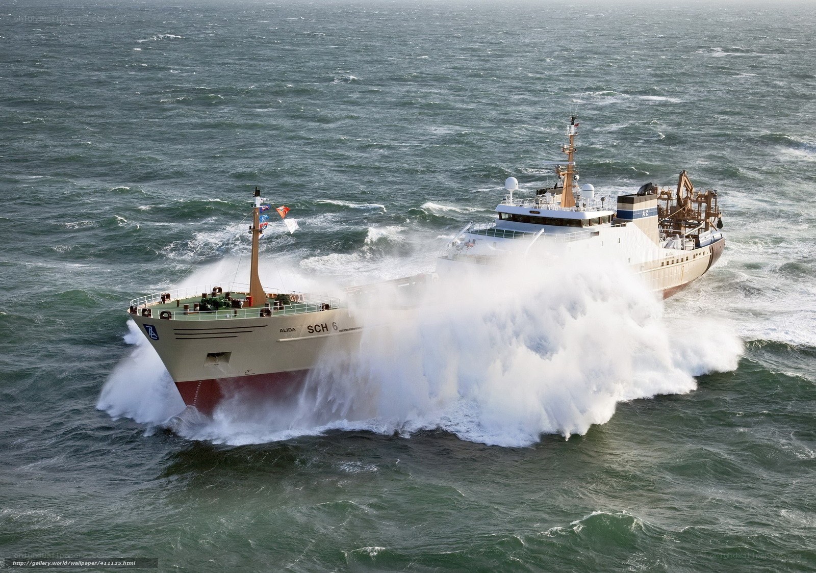 Fishing boats in rough seas