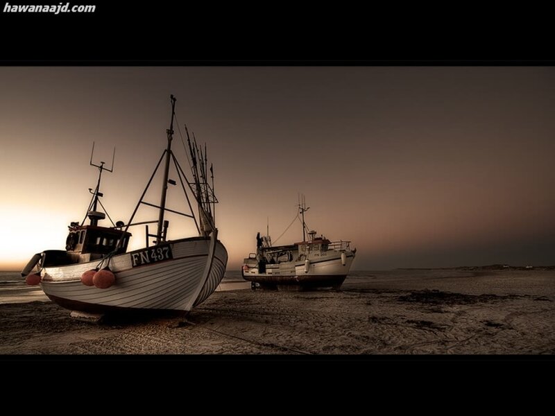 Fishing boats on a beach at dusk