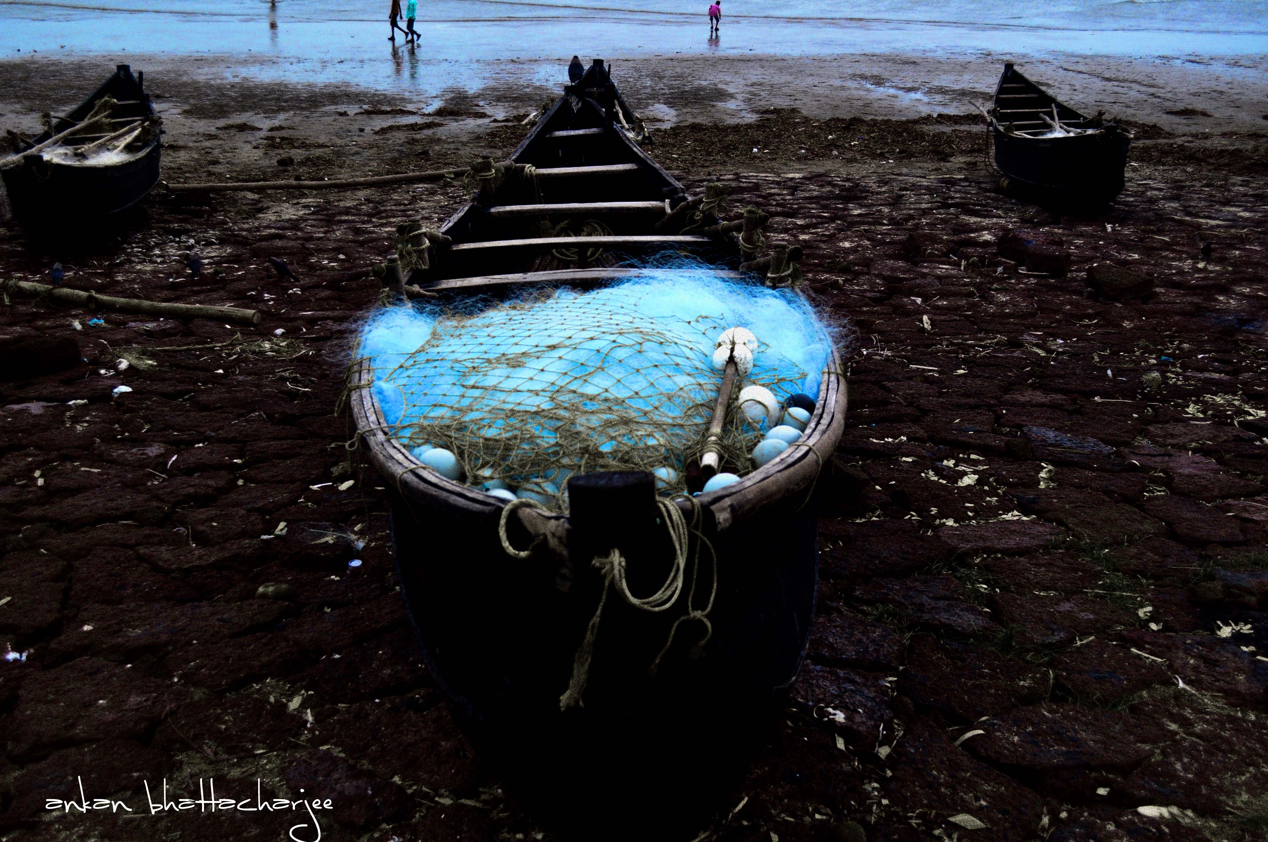 Fishing boats on a muddy shore