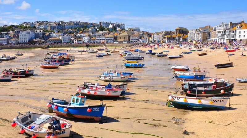 Fishing Boats on Beach — Blue, Bright, Afternoon
