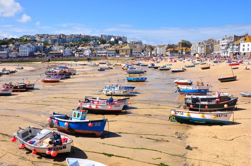Fishing Boats on Beach — Blue, Bright
