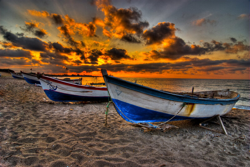 Fishing Boats on Beach — Blue, Dramatic