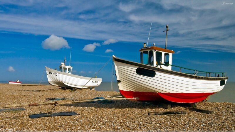 Fishing Boats on Beach — Blue, Serene, Afternoon, Photograph, Pebble Beach