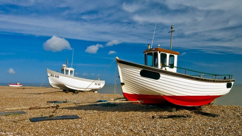 Fishing Boats on Beach — Blue, Serene, Afternoon, Photograph, Sky, Clouds
