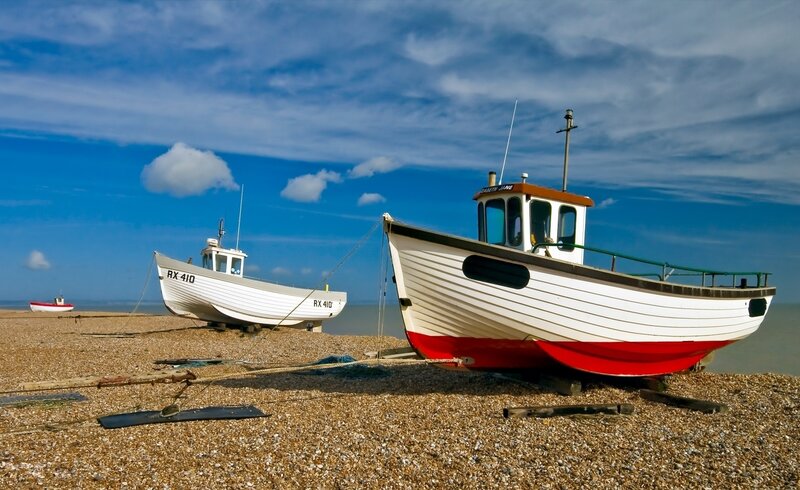 Fishing Boats on Beach — Blue, Serene, Afternoon, Photograph, Sky