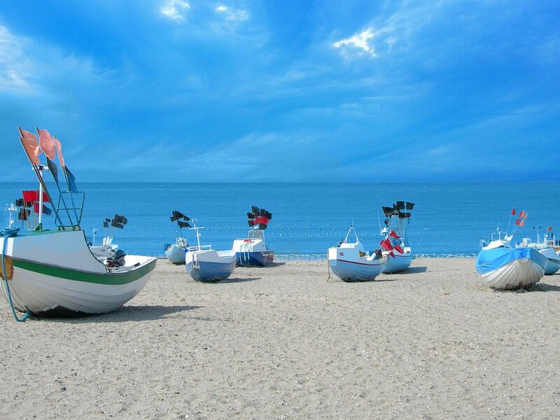 Fishing Boats on Beach — Blue, Serene, Afternoon, Photograph