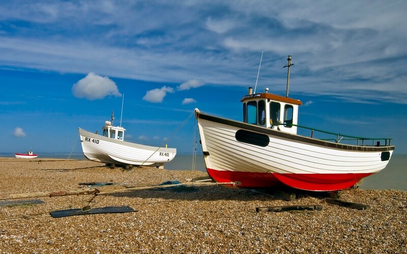 Fishing Boats on Beach — Blue, Serene, Afternoon