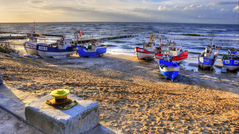 Fishing Boats on Beach — Blue, Serene, Sunset, Photograph, Sand