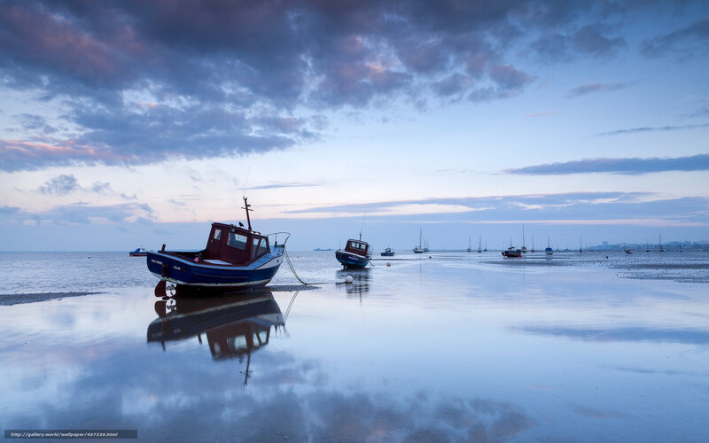 Fishing Boats on Beach — Blue, Serene, Sunset, Photograph, Sky