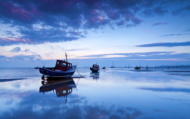 Fishing Boats on Beach — Blue, Serene, Sunset