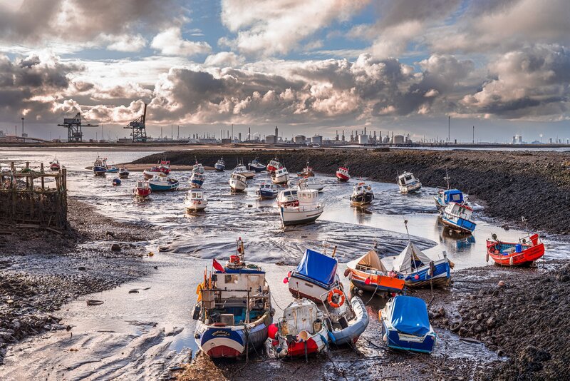 Fishing Boats on Mudflats — Blue