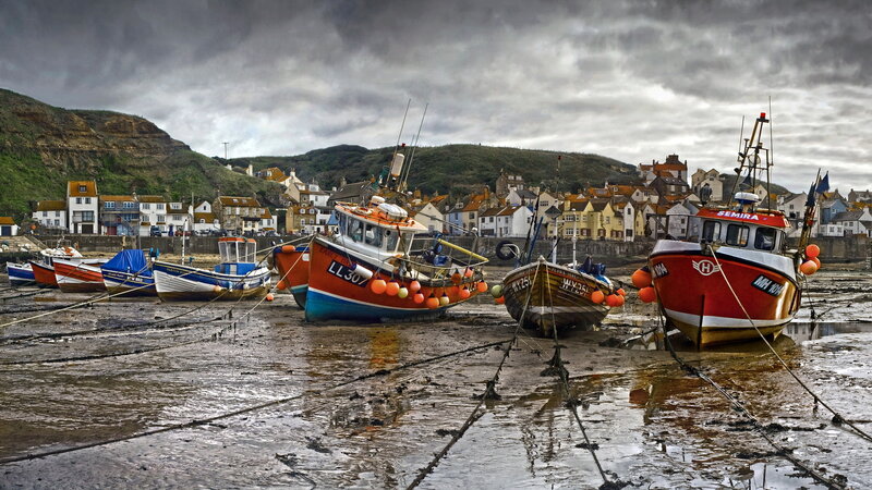 Fishing Boats on Mudflats — Gray, Dramatic