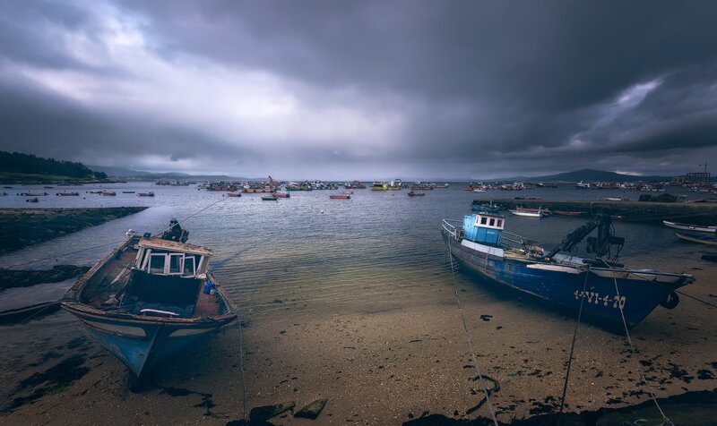 Fishing Boats on Shore — Blue, Dramatic