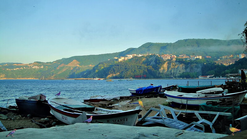 Fishing Boats on Shore — Blue, Serene