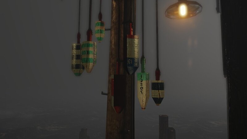 Fishing buoys hanging in fog
