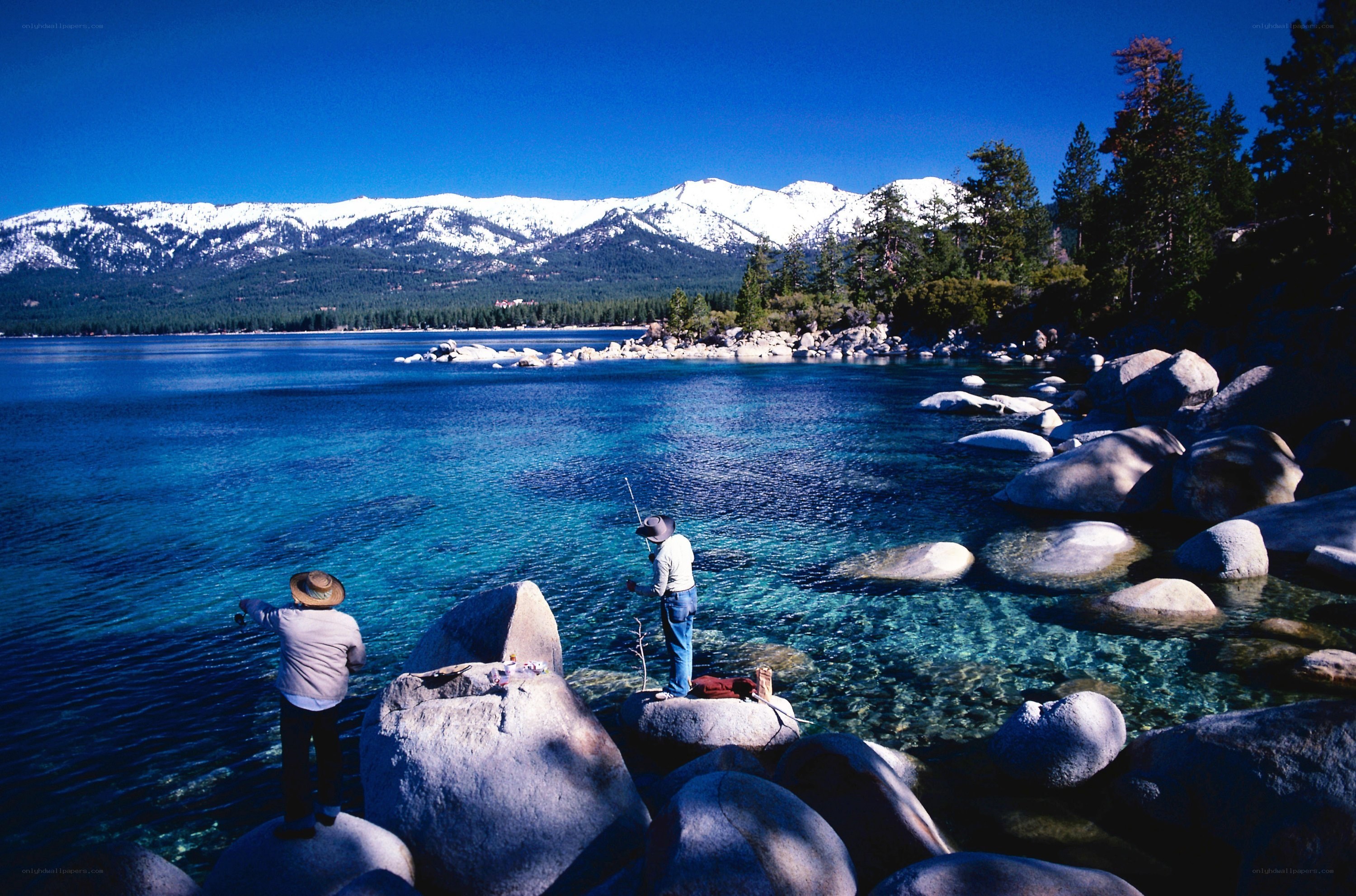 Fishing by a clear lake