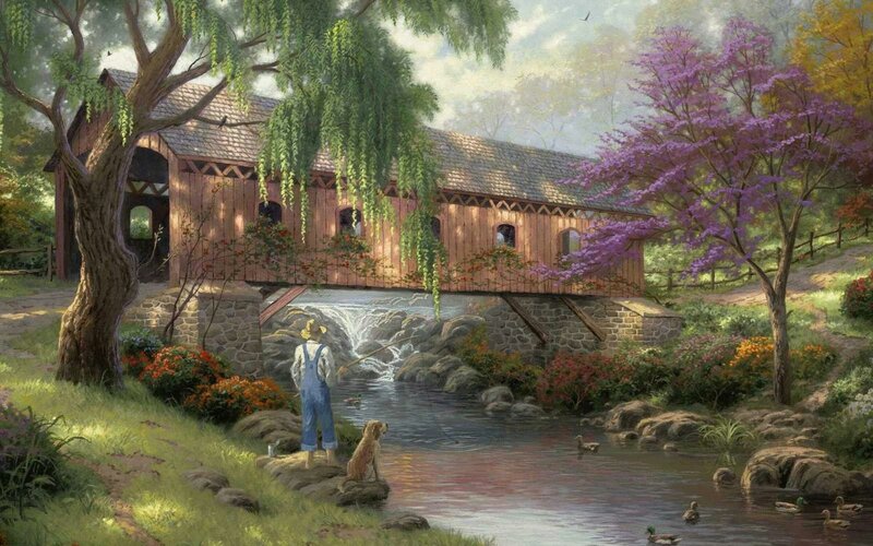 Fishing by a covered bridge