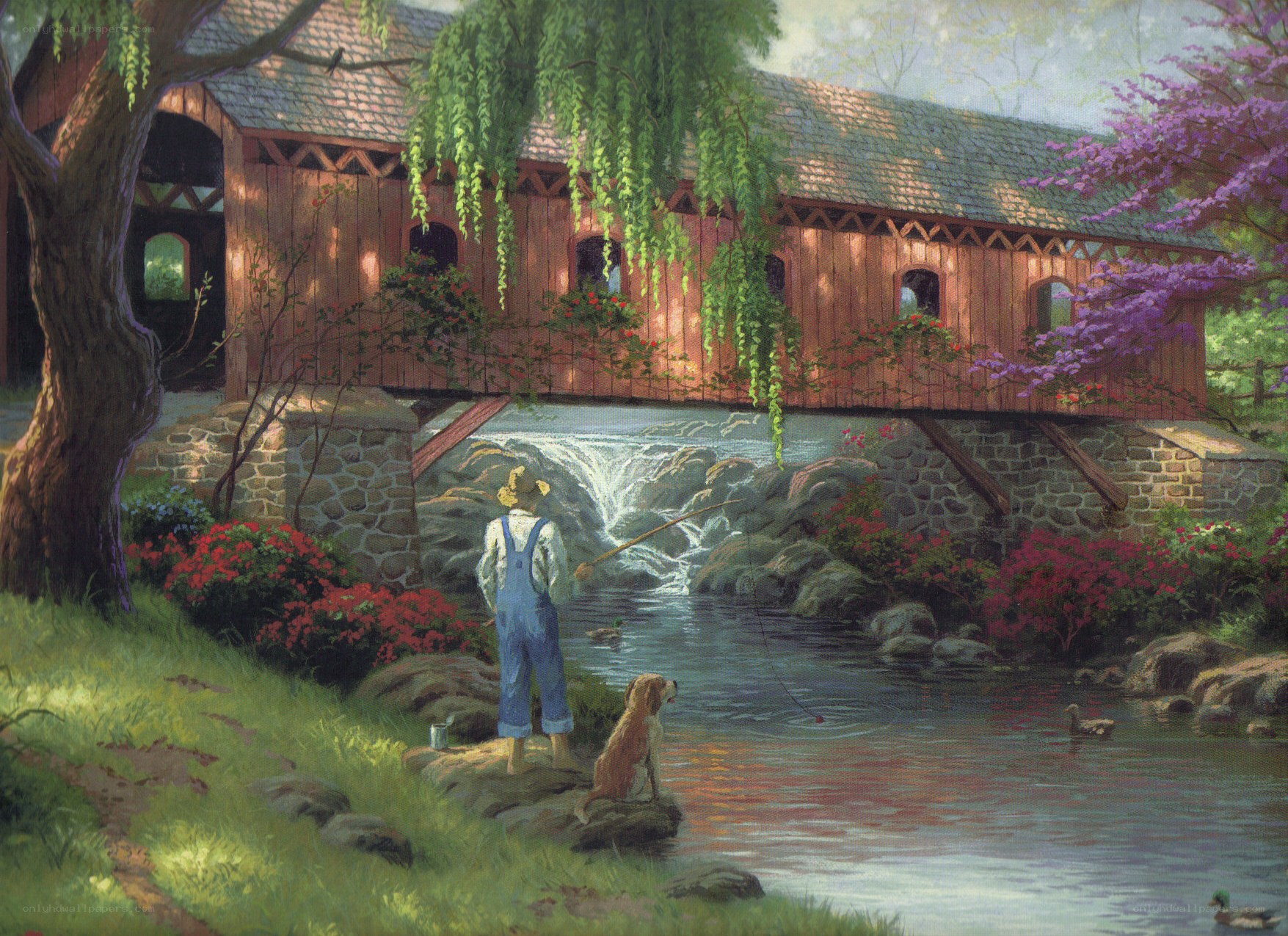 Fishing by a covered bridge