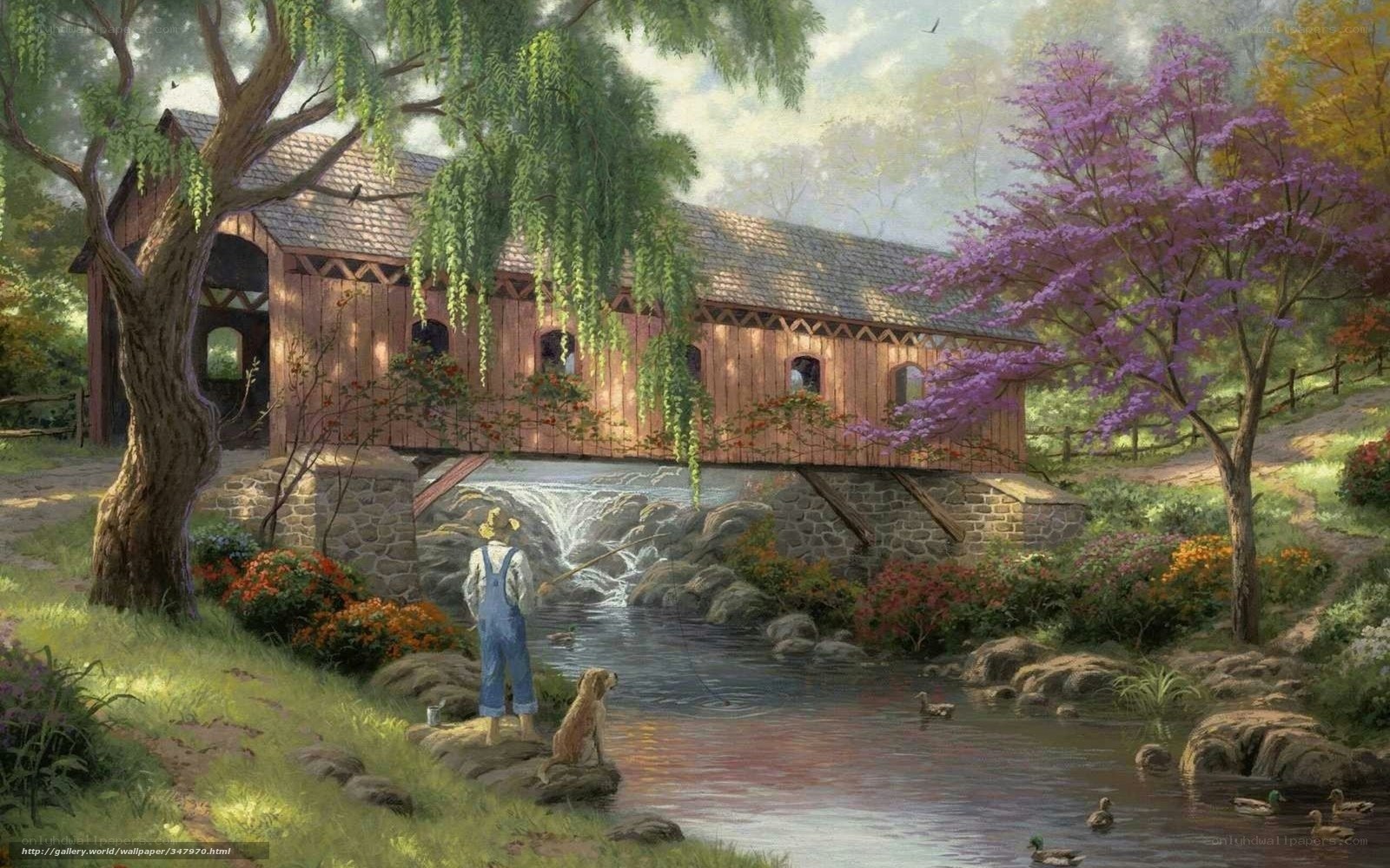 Fishing by a covered bridge