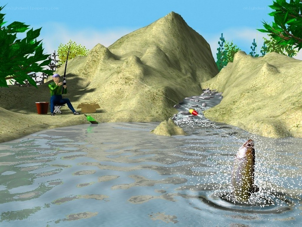 Fishing game scene with fish jump