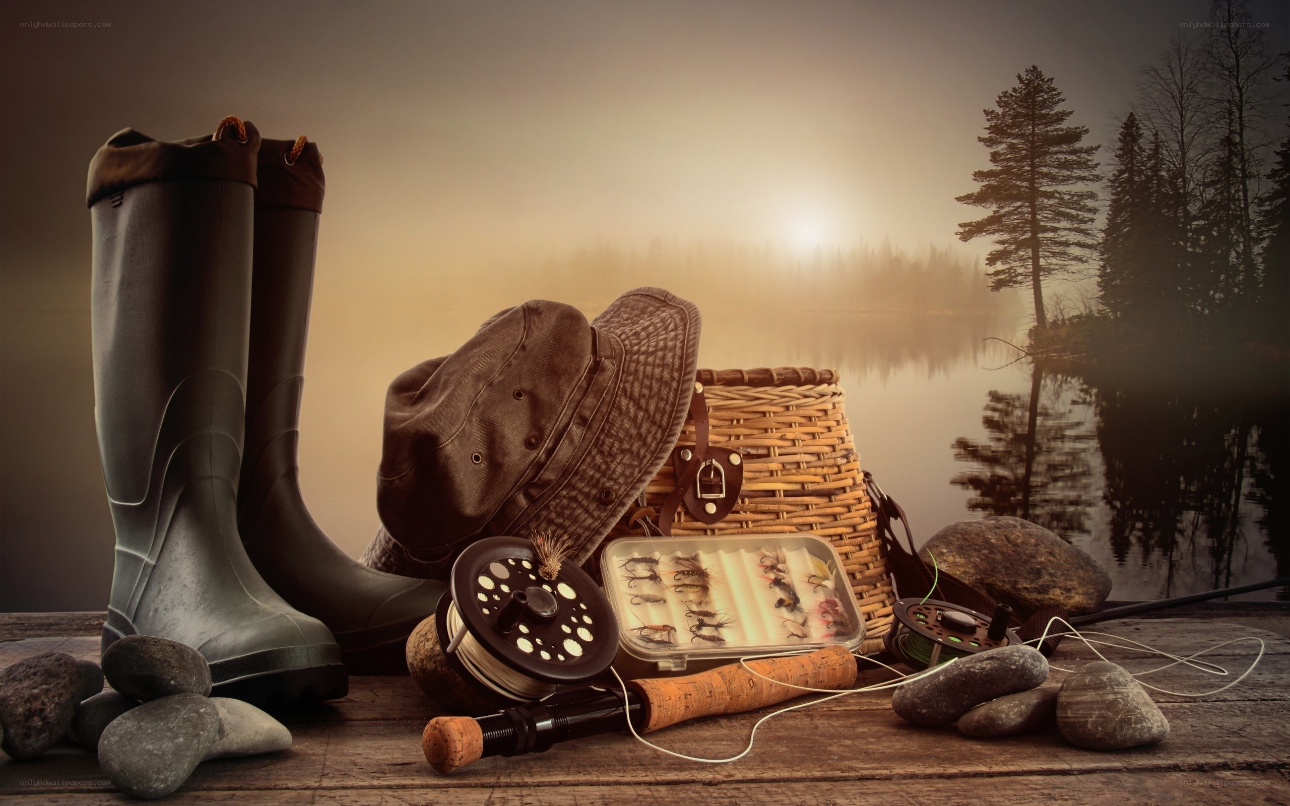 Fishing gear by a misty lake