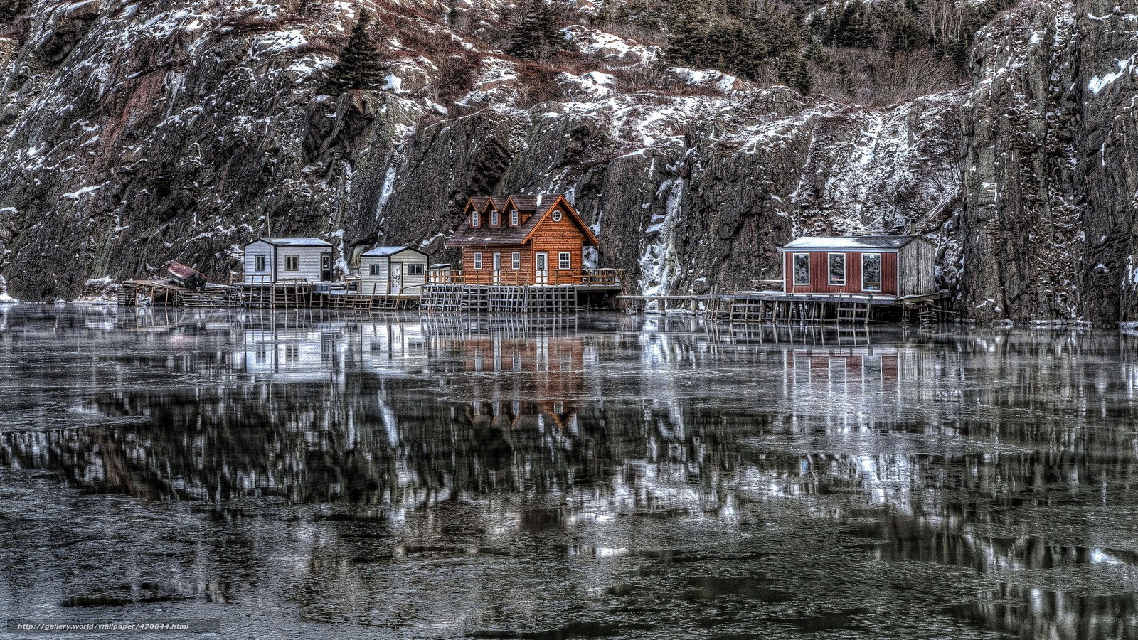 Fishing huts on a frozen bay