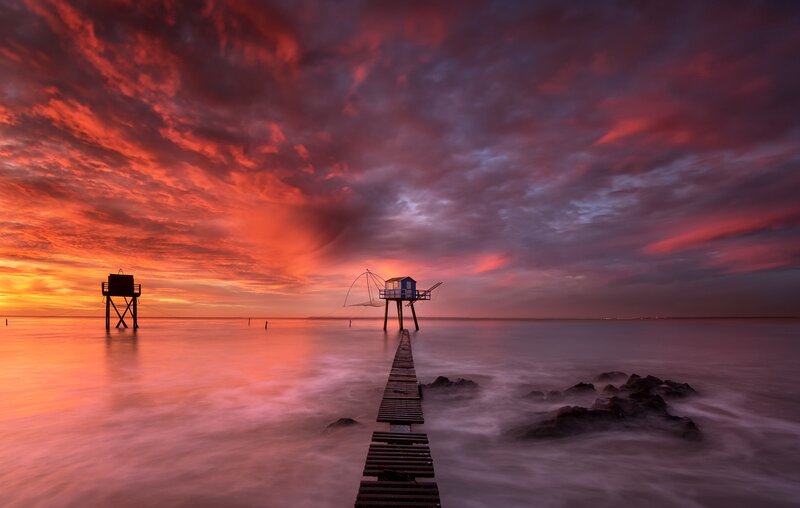 Fishing Huts on Pier — Red