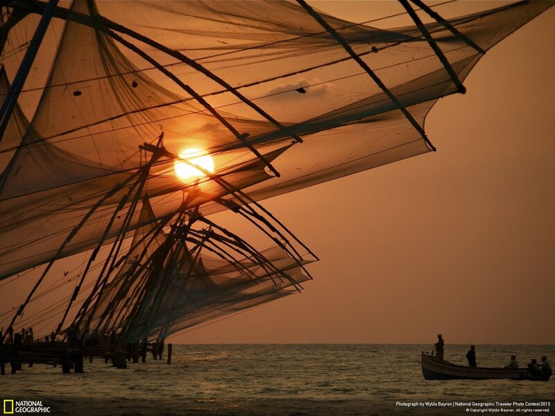 Fishing Nets at Sunset — Orange, Dramatic, Photograph, Sun