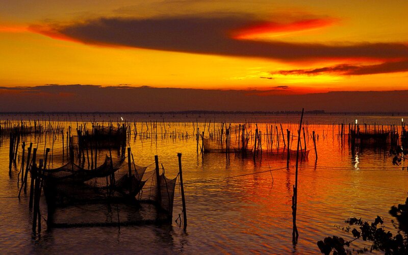 Fishing Nets at Sunset — Orange, Dramatic