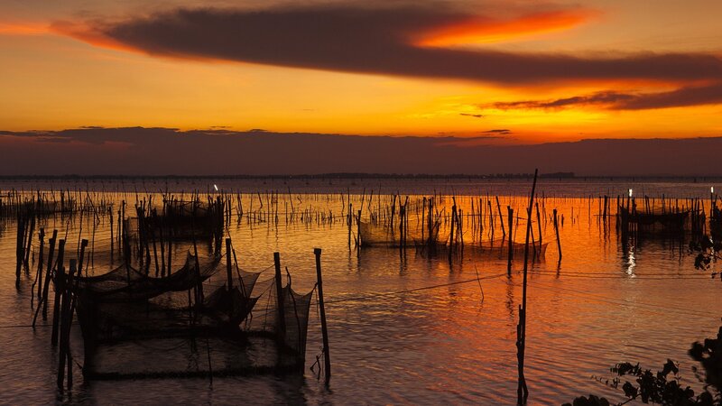 Fishing Nets at Sunset — Orange, Serene, Photograph, Water