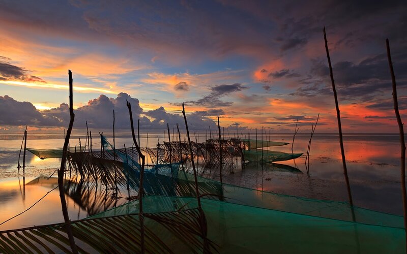 Fishing Nets at Sunset — Orange, Serene