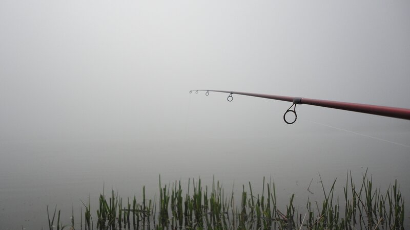 Fishing rod on a foggy lake
