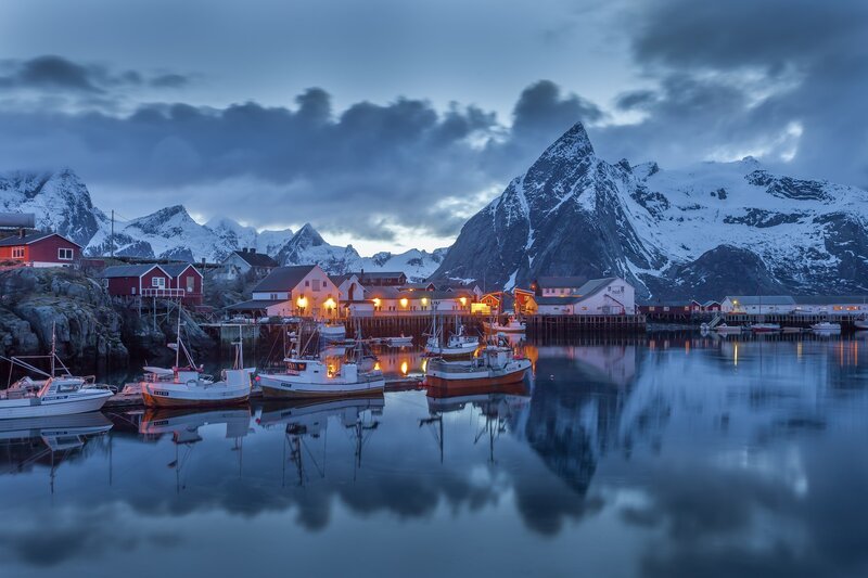 Fishing Village at Dusk — Blue, Serene