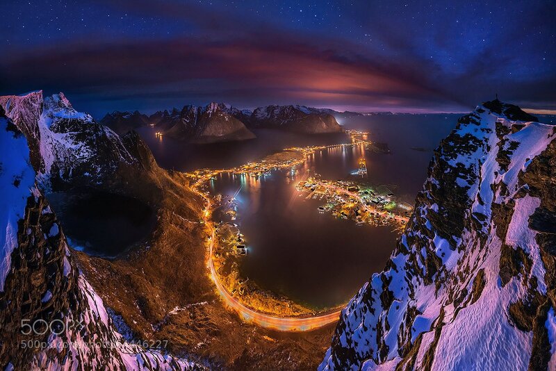 Fishing Village at Night — Blue