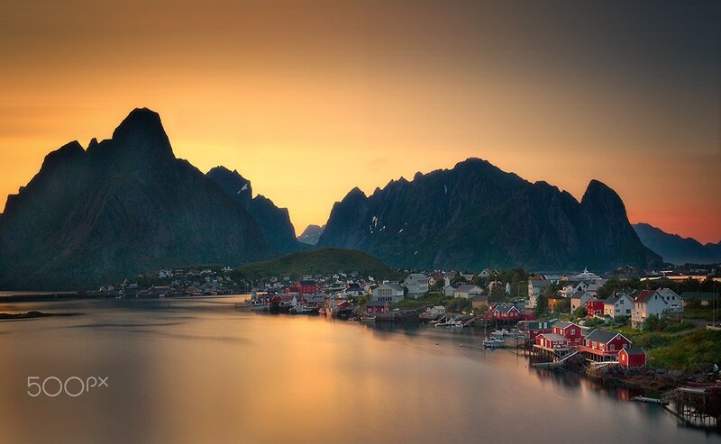 Fishing Village at Sunset — Orange