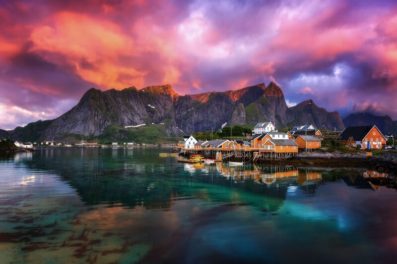 Fishing Village at Sunset — Purple, Dramatic, Photograph, Mountains